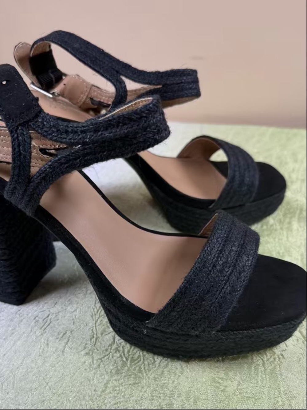Black Platform Espadrille Heeled Sandals with Ankle Strap